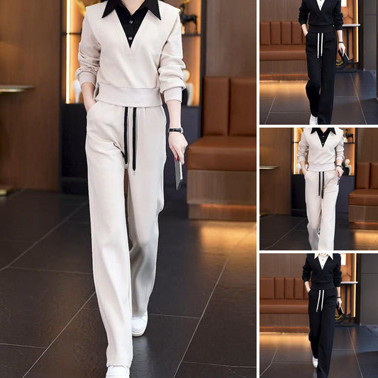 Women's Shirt Collar Top & Drawstring Bottom Set
