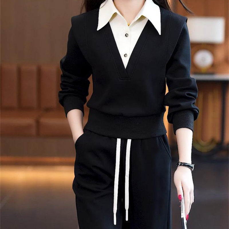 Women's Shirt Collar Top & Drawstring Bottom Set
