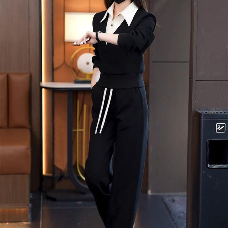 Women's Shirt Collar Top & Drawstring Bottom Set