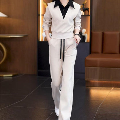 Women's Shirt Collar Top & Drawstring Bottom Set