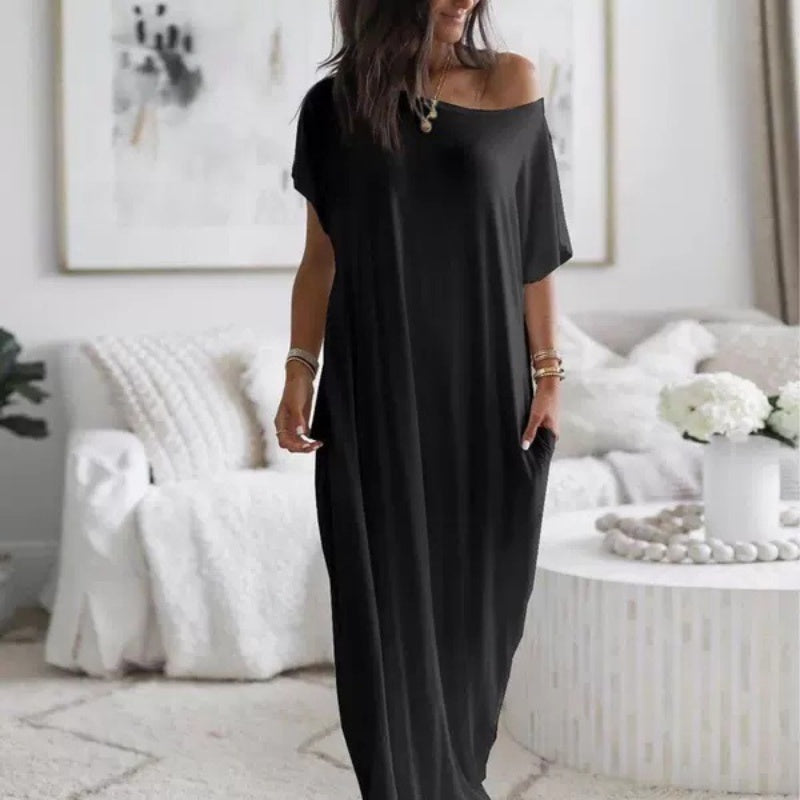 💃Last Day Special Discount❤️🥰Women's Summer Casual Loose Solid Color Short-Sleeve Long Dress
