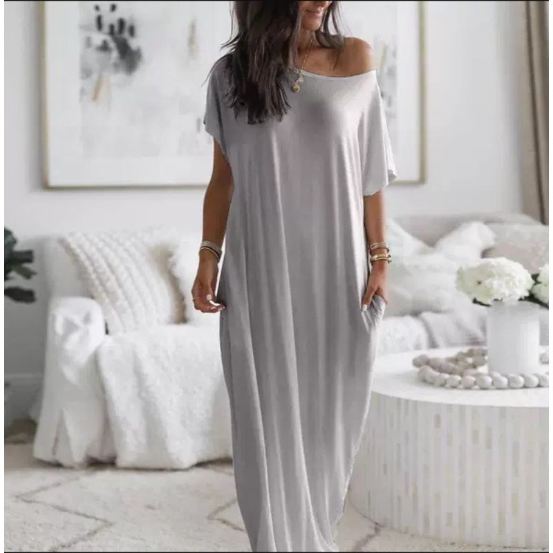 💃Last Day Special Discount❤️🥰Women's Summer Casual Loose Solid Color Short-Sleeve Long Dress