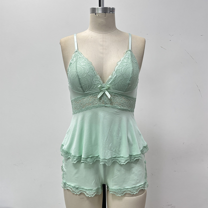 💜 LAST DAY PROMOTION - 50%OFF💜Womens Comfortable Wireless BraLace Trimmed V-Neck Camisole & Shorts Sleepwear Set
