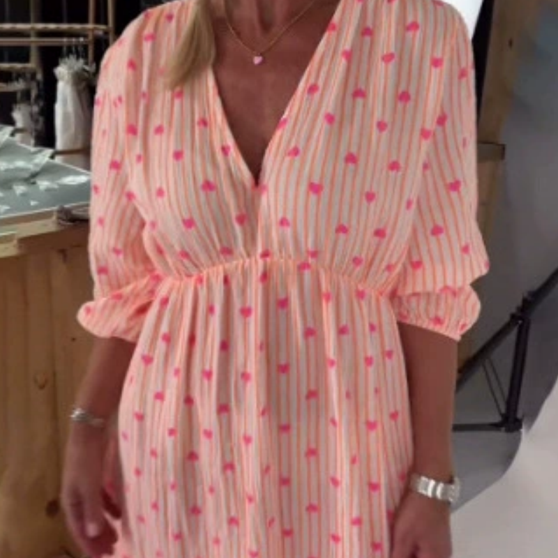 V-Neck Striped Short Sleeve Dress with Heart Print