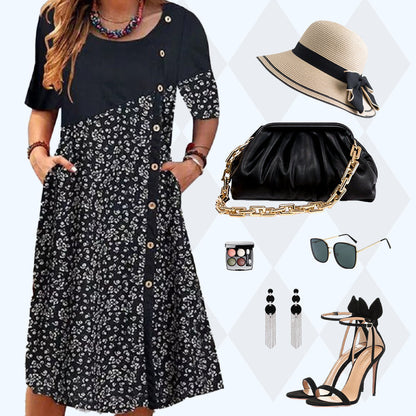 Women's Patchwork Vintage Printed Cotton Linen Dress