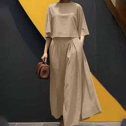 🎉2025 New Products Hot Sale✨Women's Casual Round Neck 3/4 Sleeve T-Shirt & Loose Pants 2-Piece Set