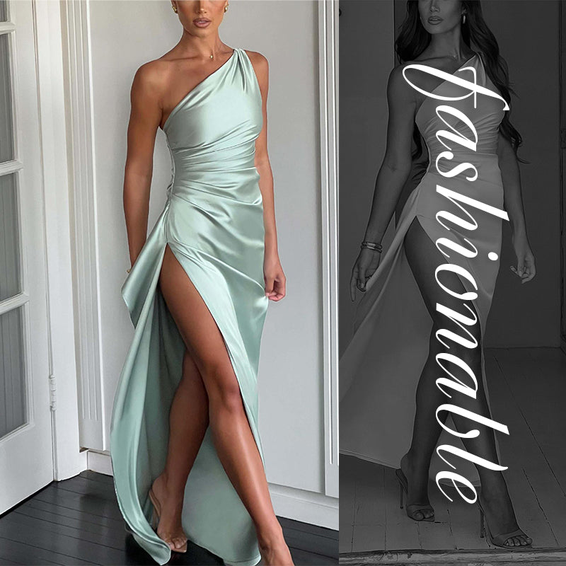 💜 LAST DAY PROMOTION 50%OFF 💜Fits Your Curves Satin One Shoulder Drape Slit Maxi Dress