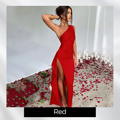 💜 LAST DAY PROMOTION 50%OFF 💜Fits Your Curves Satin One Shoulder Drape Slit Maxi Dress