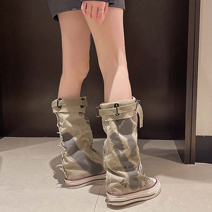 Women's Retro Flat Slouch Mid-Calf Canvas Boots