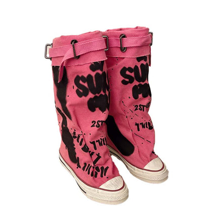 Women's Retro Flat Slouch Mid-Calf Canvas Boots