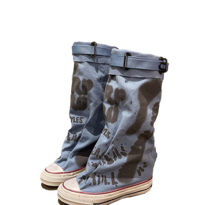 Women's Retro Flat Slouch Mid-Calf Canvas Boots