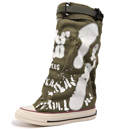 Women's Retro Flat Slouch Mid-Calf Canvas Boots