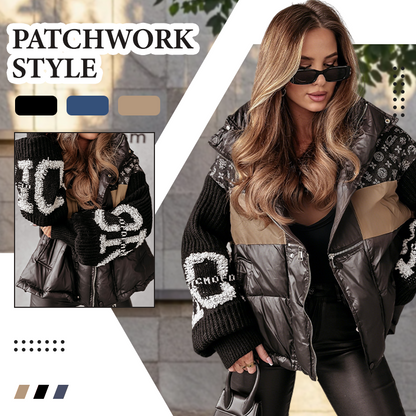 ⏰Last Day Hot Sale!!⌛Patchwork Design Puffer Coat with Knit Sleeves
