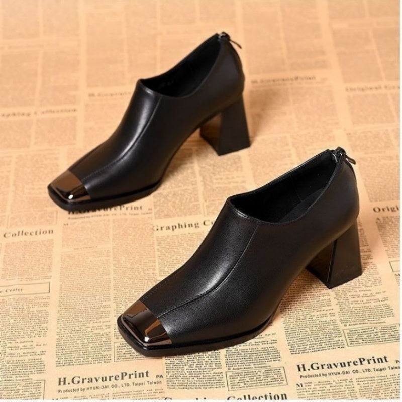Women's Square-Toe Chunky Heel Shoes with Zipper