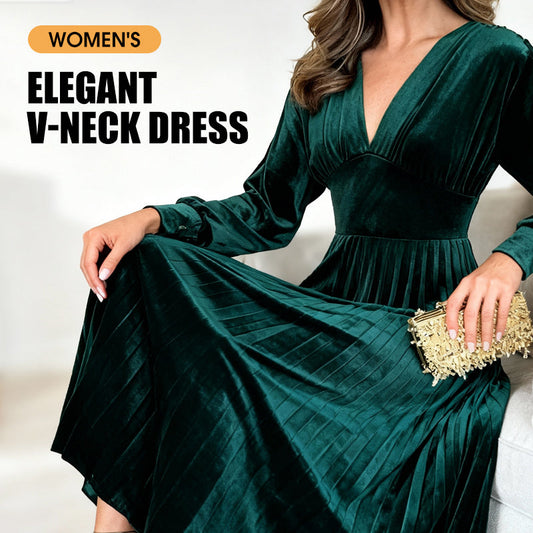 Women's Christmas Party Dress | Elegant V-Neck Waist Cinching Midi | Holiday Wedding Guest Outfit