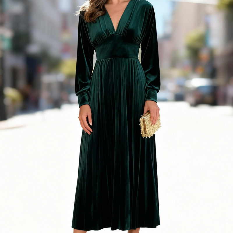 Women's Christmas Party Dress | Elegant V-Neck Waist Cinching Midi | Holiday Wedding Guest Outfit