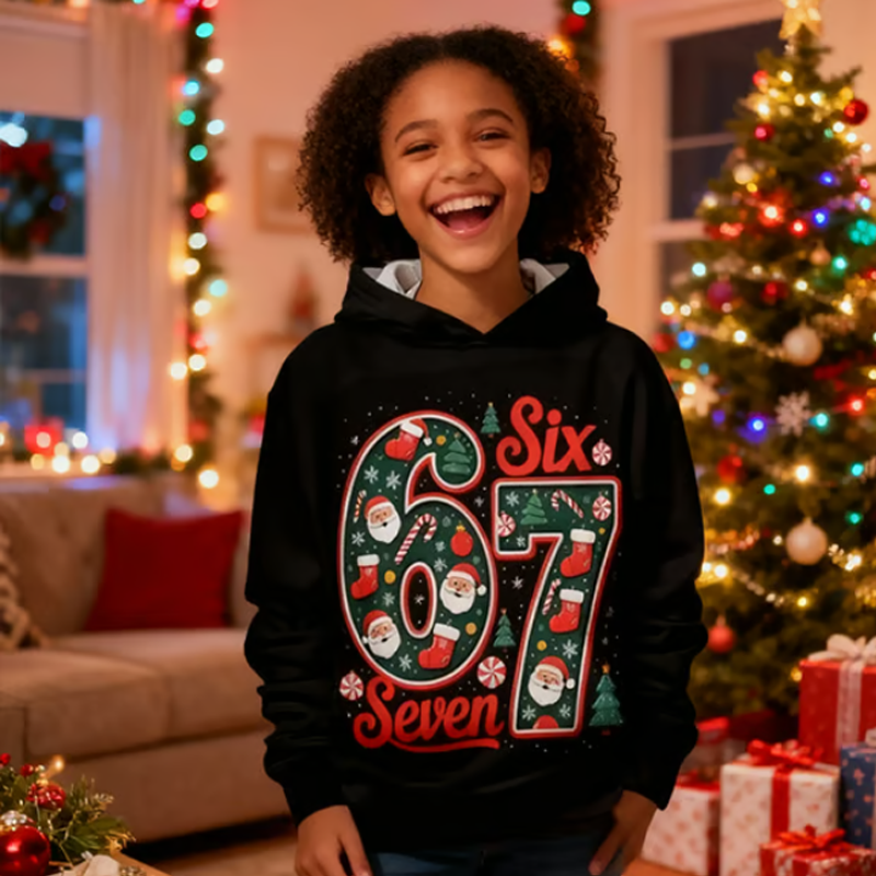 ✨🎅Last-Minute Christmas Offers 🎄⏰Kids' "67" Graphic Christmas Pullover Hoodies