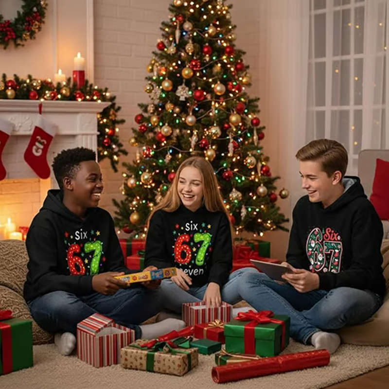 ✨🎅Last-Minute Christmas Offers 🎄⏰Kids' "67" Graphic Christmas Pullover Hoodies