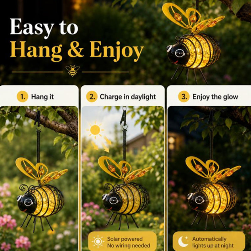 🐝💡Hanging Solar Bee Light – Warm Amber Glow, Flicker-Free, Perfect for Garden Parties, Camping, or Kids’ Rooms🌞